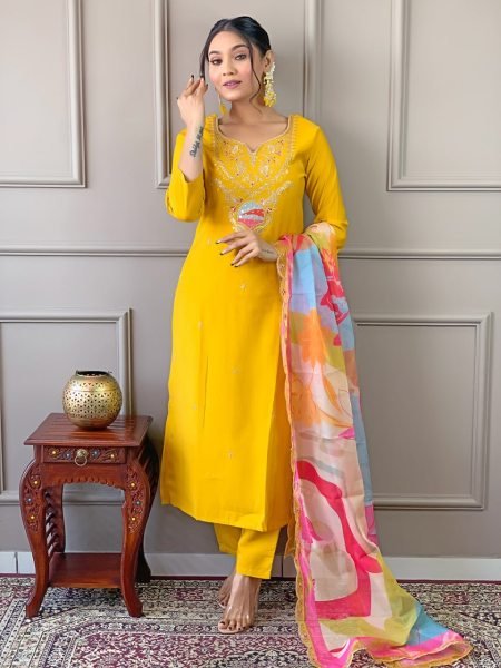 Stylish Yellow Color Embroidered Viscose Kurta Pant Set with Silk Dupatta  Straight Cut Long Kurtis