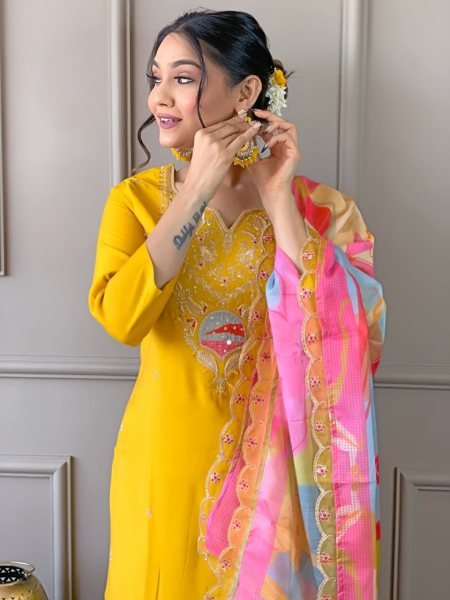 Stylish Yellow Color Embroidered Viscose Kurta Pant Set with Silk Dupatta  Straight Cut Long Kurtis