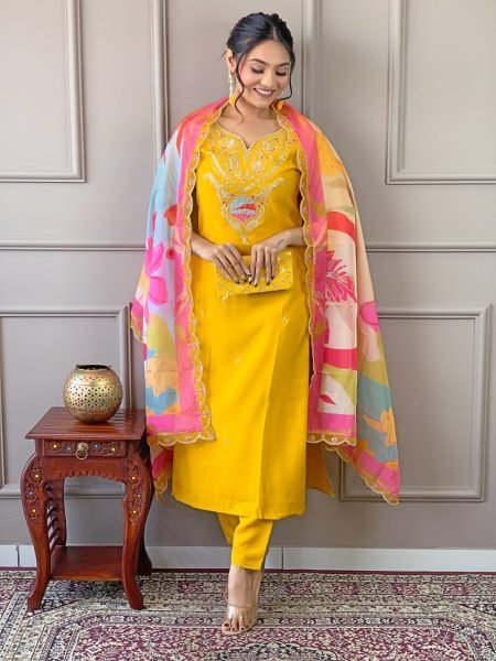Stylish Yellow Color Embroidered Viscose Kurta Pant Set with Silk Dupatta  Straight Cut Long Kurtis