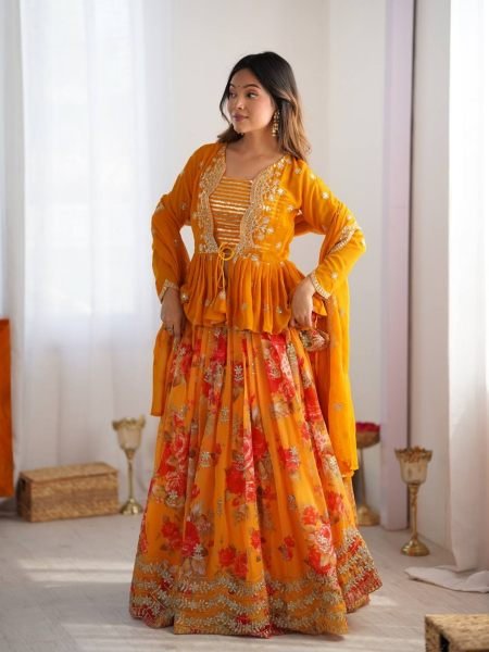 Stylish Yellow Digital Printed Faux Georgette Lehenga with Embroidered Koti and Dupatta 