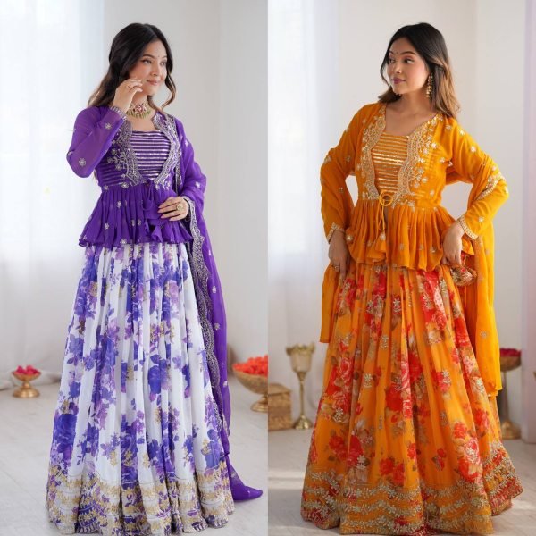 Stylish Yellow Digital Printed Faux Georgette Lehenga with Embroidered Koti and Dupatta Designer Lehenga Choli