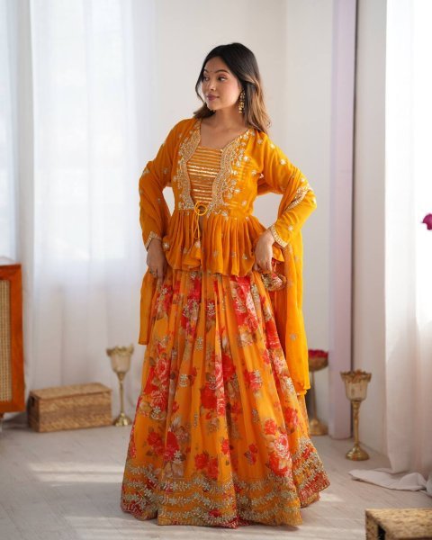 Stylish Yellow Digital Printed Faux Georgette Lehenga with Embroidered Koti and Dupatta Designer Lehenga Choli