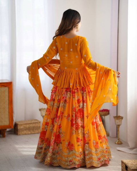 Stylish Yellow Digital Printed Faux Georgette Lehenga with Embroidered Koti and Dupatta Designer Lehenga Choli