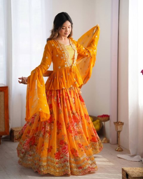 Stylish Yellow Digital Printed Faux Georgette Lehenga with Embroidered Koti and Dupatta Designer Lehenga Choli