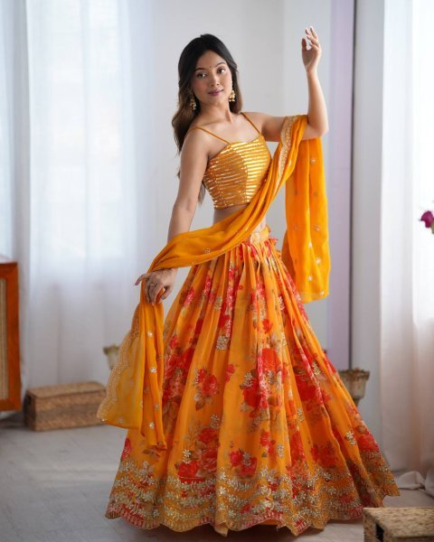 Stylish Yellow Digital Printed Faux Georgette Lehenga with Embroidered Koti and Dupatta Designer Lehenga Choli