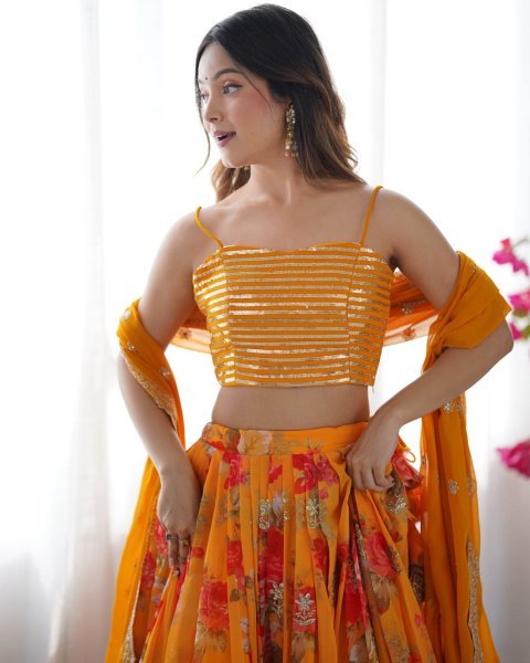 Stylish Yellow Digital Printed Faux Georgette Lehenga with Embroidered Koti and Dupatta Designer Lehenga Choli