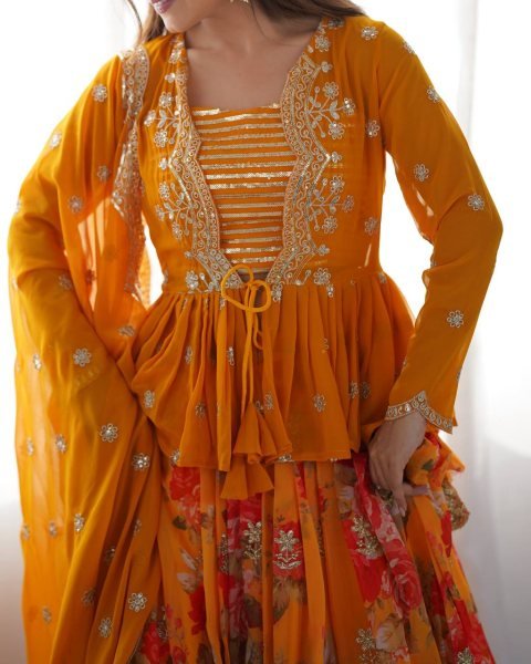 Stylish Yellow Digital Printed Faux Georgette Lehenga with Embroidered Koti and Dupatta Designer Lehenga Choli