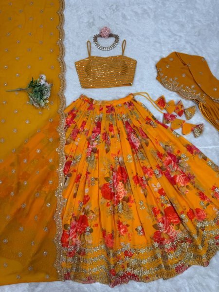 Stylish Yellow Digital Printed Faux Georgette Lehenga with Embroidered Koti and Dupatta Designer Lehenga Choli