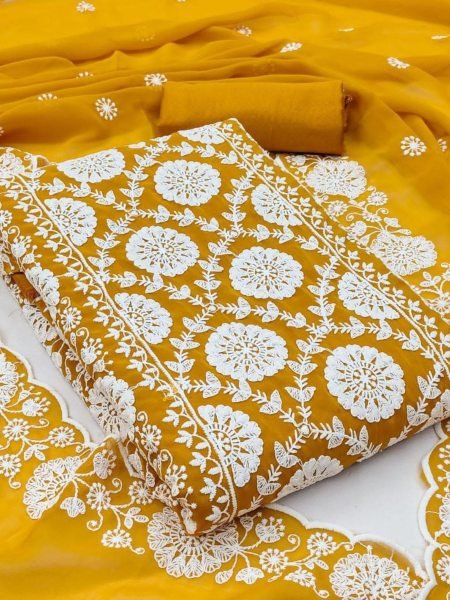 Stylish Yellow Georgette Dress Material with Cotton Thread Work and Dupatta Dress Material 