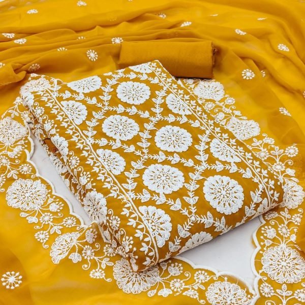Stylish Yellow Georgette Dress Material with Cotton Thread Work and Dupatta Color Set Matching Dress Material Wholesale