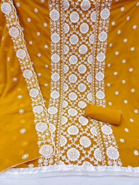 Stylish Yellow Georgette Dress Material with Cotton Thread Work and Dupatta Color Set Matching Dress Material Wholesale