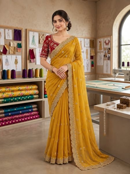 Stylish Yellow Georgette Saree with Designer C Pallu Embroidery for Party Wear 