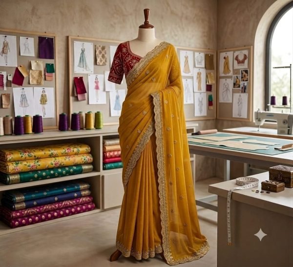 Stylish Yellow Georgette Saree with Designer C Pallu Embroidery for Party Wear Georgette Sarees Wholesale