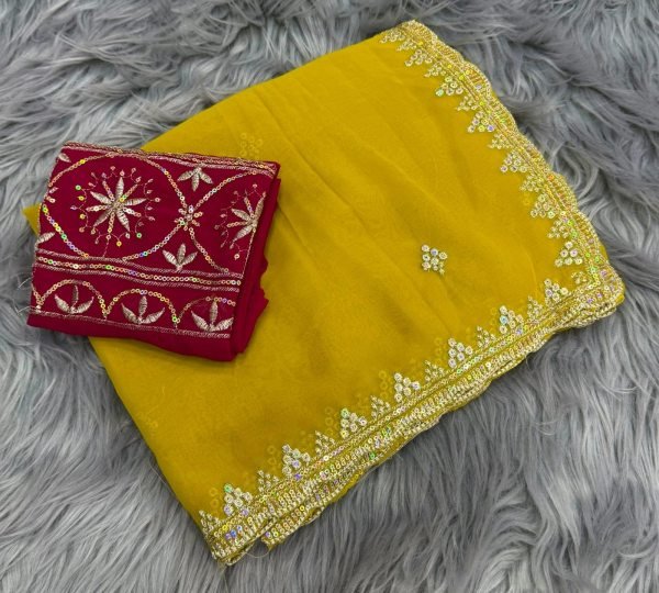 Stylish Yellow Georgette Saree with Designer C Pallu Embroidery for Party Wear Georgette Sarees Wholesale