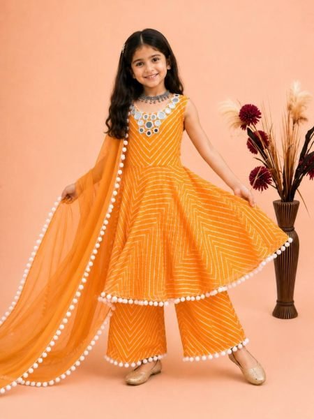 Stylish Yellow Kids Ethnic Gown Set with Digital Print and Mirror Work at Wholesale Rate Kurtis