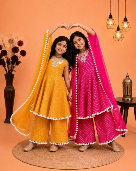 Stylish Yellow Kids Ethnic Gown Set with Digital Print and Mirror Work at Wholesale Rate Girls Wear