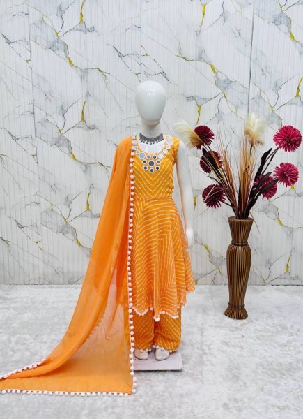 Stylish Yellow Kids Ethnic Gown Set with Digital Print and Mirror Work at Wholesale Rate Girls Wear