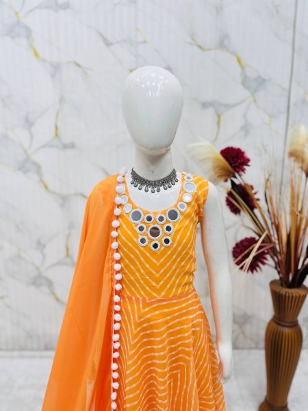 Stylish Yellow Kids Ethnic Gown Set with Digital Print and Mirror Work at Wholesale Rate Girls Wear