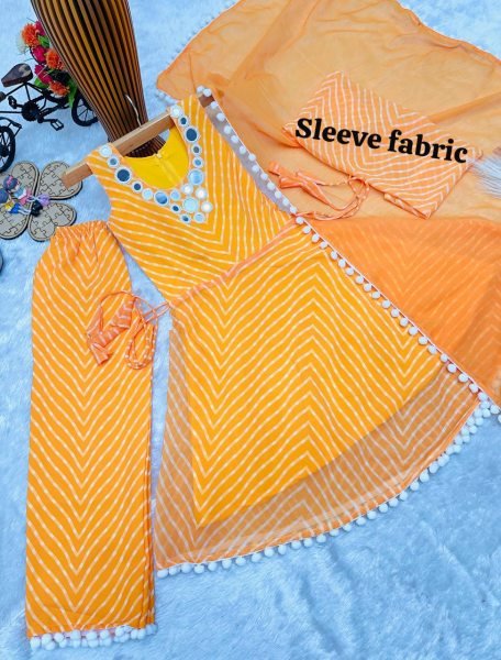 Stylish Yellow Kids Ethnic Gown Set with Digital Print and Mirror Work at Wholesale Rate Girls Wear