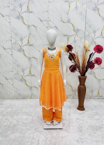 Stylish Yellow Kids Ethnic Gown Set with Digital Print and Mirror Work at Wholesale Rate Girls Wear