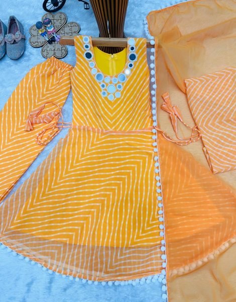 Stylish Yellow Kids Ethnic Gown Set with Digital Print and Mirror Work at Wholesale Rate Girls Wear