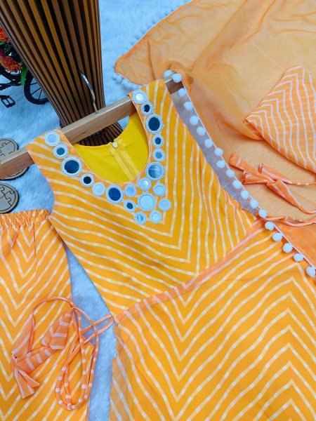 Stylish Yellow Kids Ethnic Gown Set with Digital Print and Mirror Work at Wholesale Rate Girls Wear