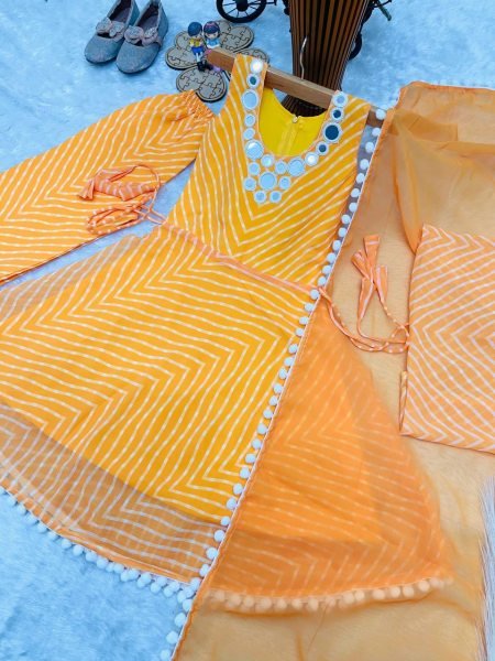 Stylish Yellow Kids Ethnic Gown Set with Digital Print and Mirror Work at Wholesale Rate Girls Wear