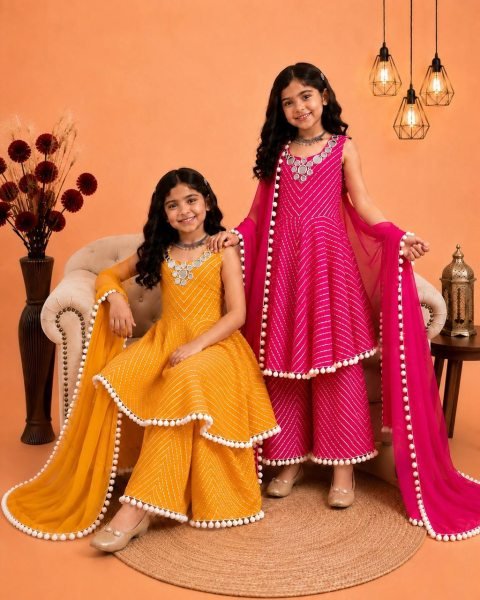 Stylish Yellow Kids Ethnic Gown Set with Digital Print and Mirror Work at Wholesale Rate Girls Wear