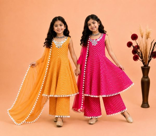 Stylish Yellow Kids Ethnic Gown Set with Digital Print and Mirror Work at Wholesale Rate Girls Wear