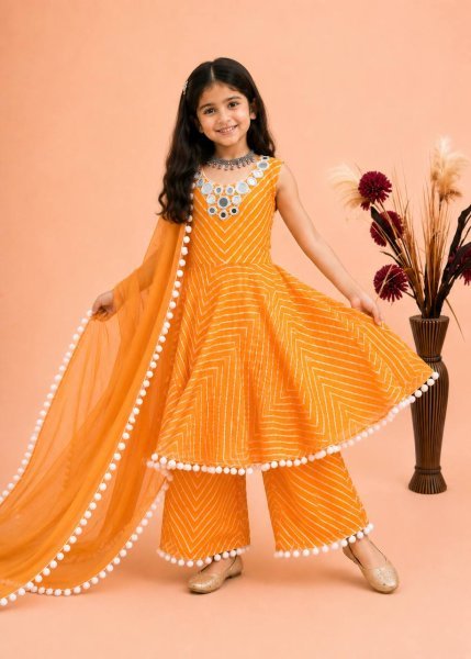 Stylish Yellow Kids Ethnic Gown Set with Digital Print and Mirror Work at Wholesale Rate Girls Wear
