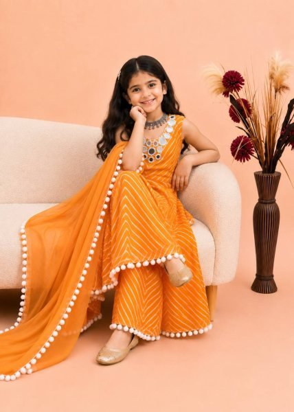 Stylish Yellow Kids Ethnic Gown Set with Digital Print and Mirror Work at Wholesale Rate Girls Wear
