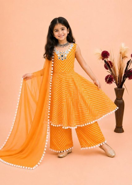 Stylish Yellow Kids Ethnic Gown Set with Digital Print and Mirror Work at Wholesale Rate Girls Wear