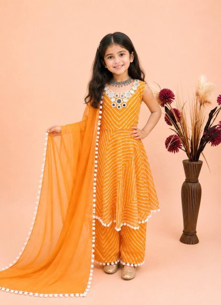 Stylish Yellow Kids Ethnic Gown Set with Digital Print and Mirror Work at Wholesale Rate Girls Wear
