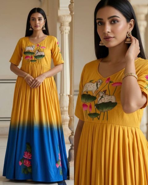 Stylish Yellow Maslin South Pattern Handwork Long Gown for Wedding and Party Wear 