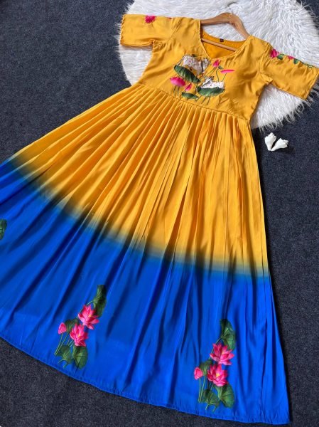 Stylish Yellow Maslin South Pattern Handwork Long Gown for Wedding and Party Wear Anarkali Kurtis 