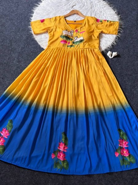Stylish Yellow Maslin South Pattern Handwork Long Gown for Wedding and Party Wear Anarkali Kurtis 