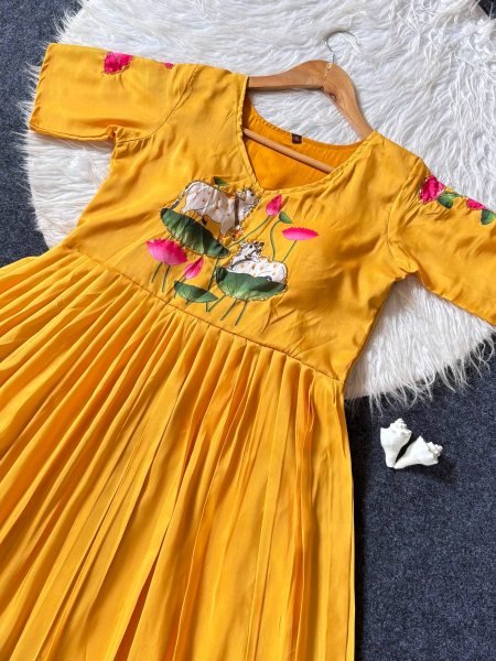 Stylish Yellow Maslin South Pattern Handwork Long Gown for Wedding and Party Wear Anarkali Kurtis 