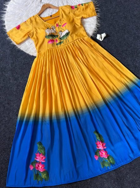 Stylish Yellow Maslin South Pattern Handwork Long Gown for Wedding and Party Wear Anarkali Kurtis 