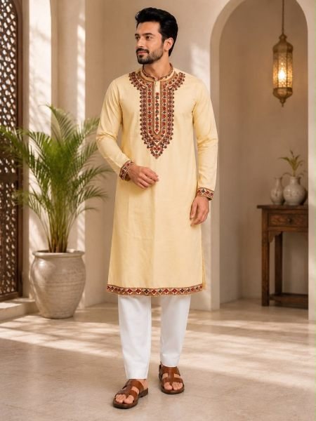 Stylish Yellow Men's Soft Silk Kurta with R. Cotton Pyjama and Neck Work For Wedding 