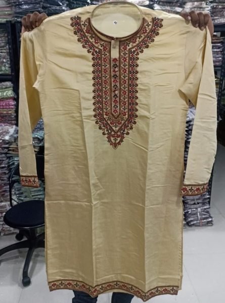 Stylish Yellow Men's Soft Silk Kurta with R. Cotton Pyjama and Neck Work For Wedding Kurta Pajama Wholesale