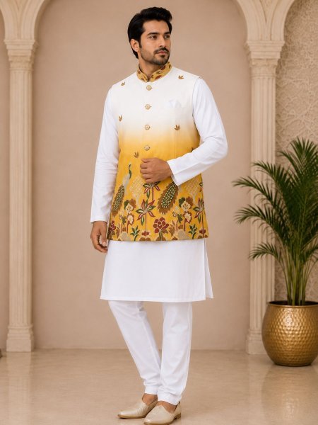 Stylish Yellow Wedding Kurta Koti Set with Designer Shaded Malai Satin Fabric Mens Wear
