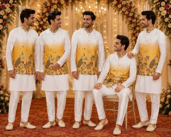 Stylish Yellow Wedding Kurta Koti Set with Designer Shaded Malai Satin Fabric Kurta Pajama Wholesale