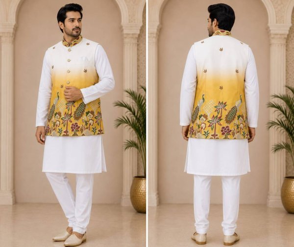 Stylish Yellow Wedding Kurta Koti Set with Designer Shaded Malai Satin Fabric Kurta Pajama Wholesale