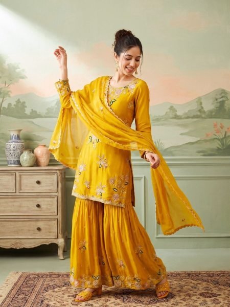 Stylish Yellow Women's Embroidered Natural Crepe Salwar Suit with Designer Handwork Salwar Kameez