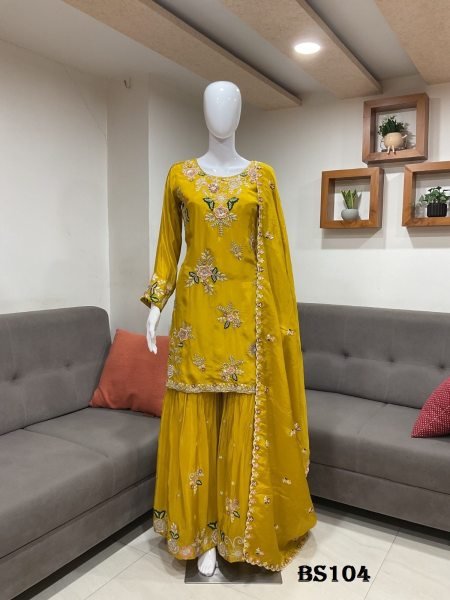 Stylish Yellow Women's Embroidered Natural Crepe Salwar Suit with Designer Handwork Designer Plazzo Salwar Suits Wholesale
