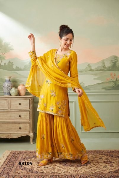 Stylish Yellow Women's Embroidered Natural Crepe Salwar Suit with Designer Handwork Designer Plazzo Salwar Suits Wholesale