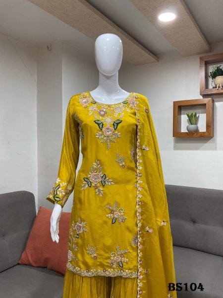 Stylish Yellow Women's Embroidered Natural Crepe Salwar Suit with Designer Handwork Designer Plazzo Salwar Suits Wholesale