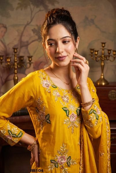 Stylish Yellow Women's Embroidered Natural Crepe Salwar Suit with Designer Handwork Designer Plazzo Salwar Suits Wholesale