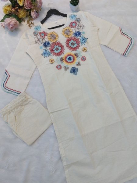 Summer Collection Cotton Fabrice Designer White kurti Dupatta And Pant Set Cotton Kurtis Wholesale