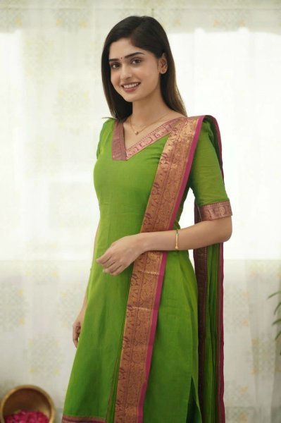  Summer Collection Two Tone Parrot Green Shade Cotton Salwar Set Cotton Kurtis Wholesale